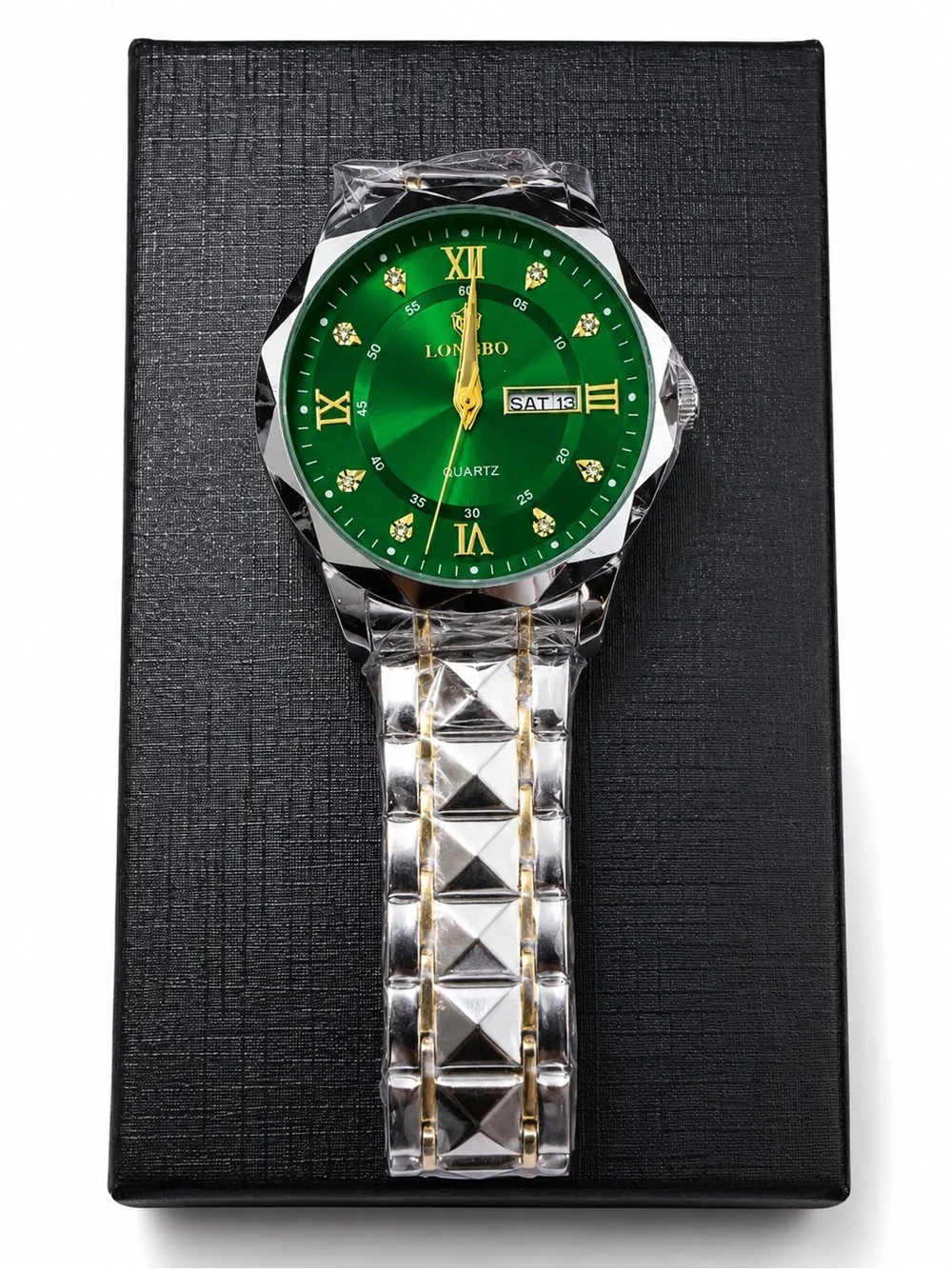 Men's Green Dial Silver-Tone Bracelet Watch with Gold Accents